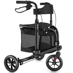 3 Wheel Rollator Walker with Seat for Slim Seniors, Padded Backrest Lightweight Foldable Travel Walker Ideal for Elderly, 8 Inch Tri-Wheel