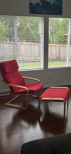 IKEA Poäng Chair & Ottoman – Red Cushion, Excellent Condition