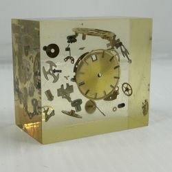 Vintage Lucite Acrylic Paperweight Suspended "Exploded" Watch Parts Clear & Gold