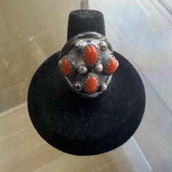 Red Coral Shield Ring Sterling Silver 925