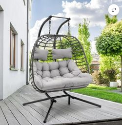 Double Wicker Swing Egg Chair Hammock Foldable Hanging Loveseat with Stand and Removable Fluffy Cushions, 450LBS Capacity