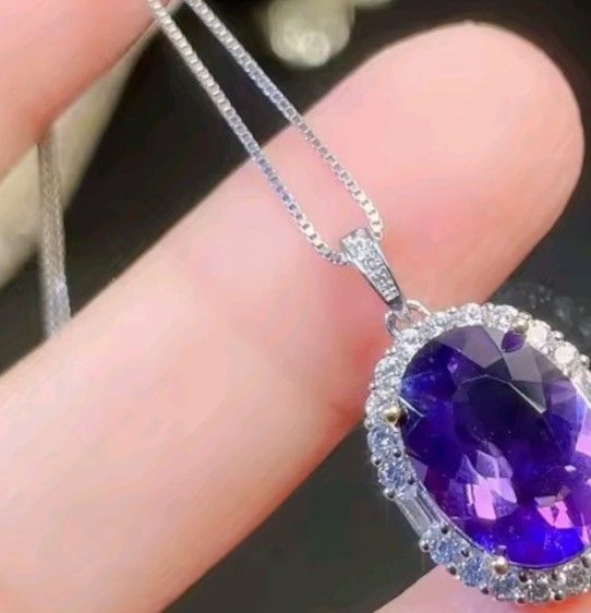 925 Sterling Silver NATURAL Amethyst Oval Pendant Necklace