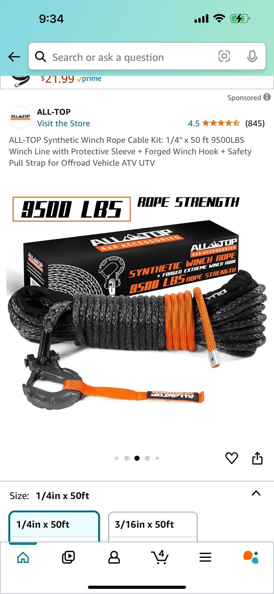 ALL-TOP Synthetic Winch Rope Cable Kit: 1/4" x 50 ft 9500LBS Winch Line with Protective Sleeve + Forged Winch Hook + Safety Pull Strap for Offroad Veh