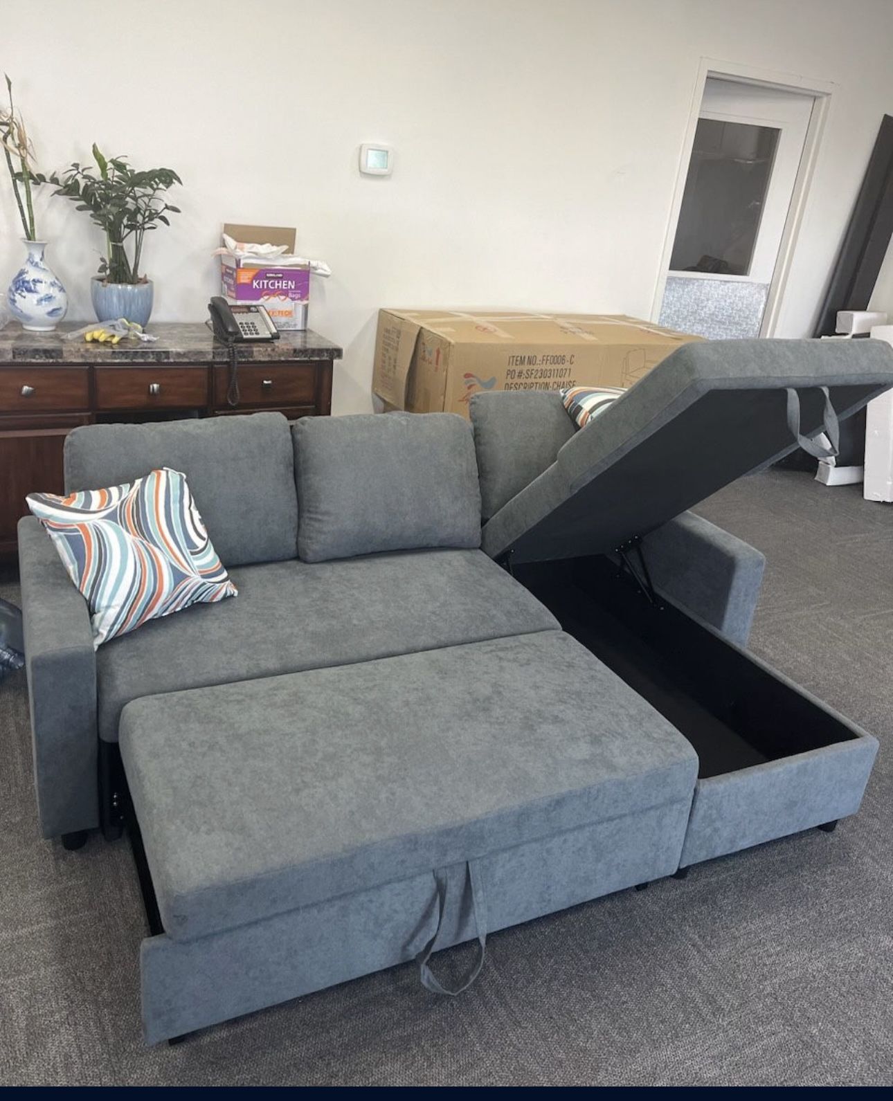 Grey Microfiber Sectional Sleeper Sofa Couch With Storage