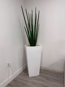 Tall White Planter with Artificial Snake Plant
