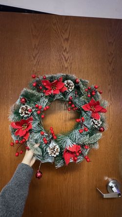 Brand New Christmas Wreath with Red Flowers, Pine Cones & Snow-Flocked Pine – Perfect for Front Door Holiday Decor ✅ Brand new ✅ Ready for pickup in R