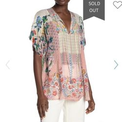 JOHNNY WAS Light Pink White Floral Plaid Multicolor Zadie Satin Tassel Tunic Top