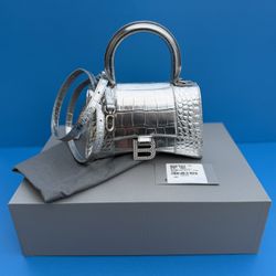 Balenciaga Metallic Crocodile Embossed Hourglass Top Handle Bag XS Silver Women