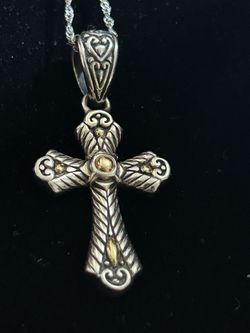 925 Silver And 18k Gold Cross Pendant With A 22” 925 Silver Chain