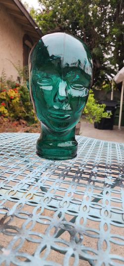 Vtg Figural Art Glass Display 12" Mannequin Head Statue Sculpture Green Skull