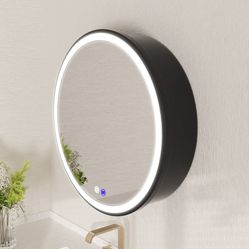 New - Round Framed LED Medicine Cabinet, 24in with Defogger, Dimming, Built-in Outlet, Black
