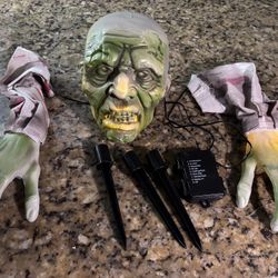 Halloween Zombie  Face and Arms Lawn Stakes Lighted Groundbreaker Lawn Graveyard Scenes 