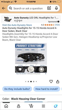 Auto Dynasty Headlights for 13-15 Honda Accord 4-Door Sedan, Black Clear Headlights Assembly for 13-15 Honda Accord 4-Door Sedan 9th Gen, Halogen Head