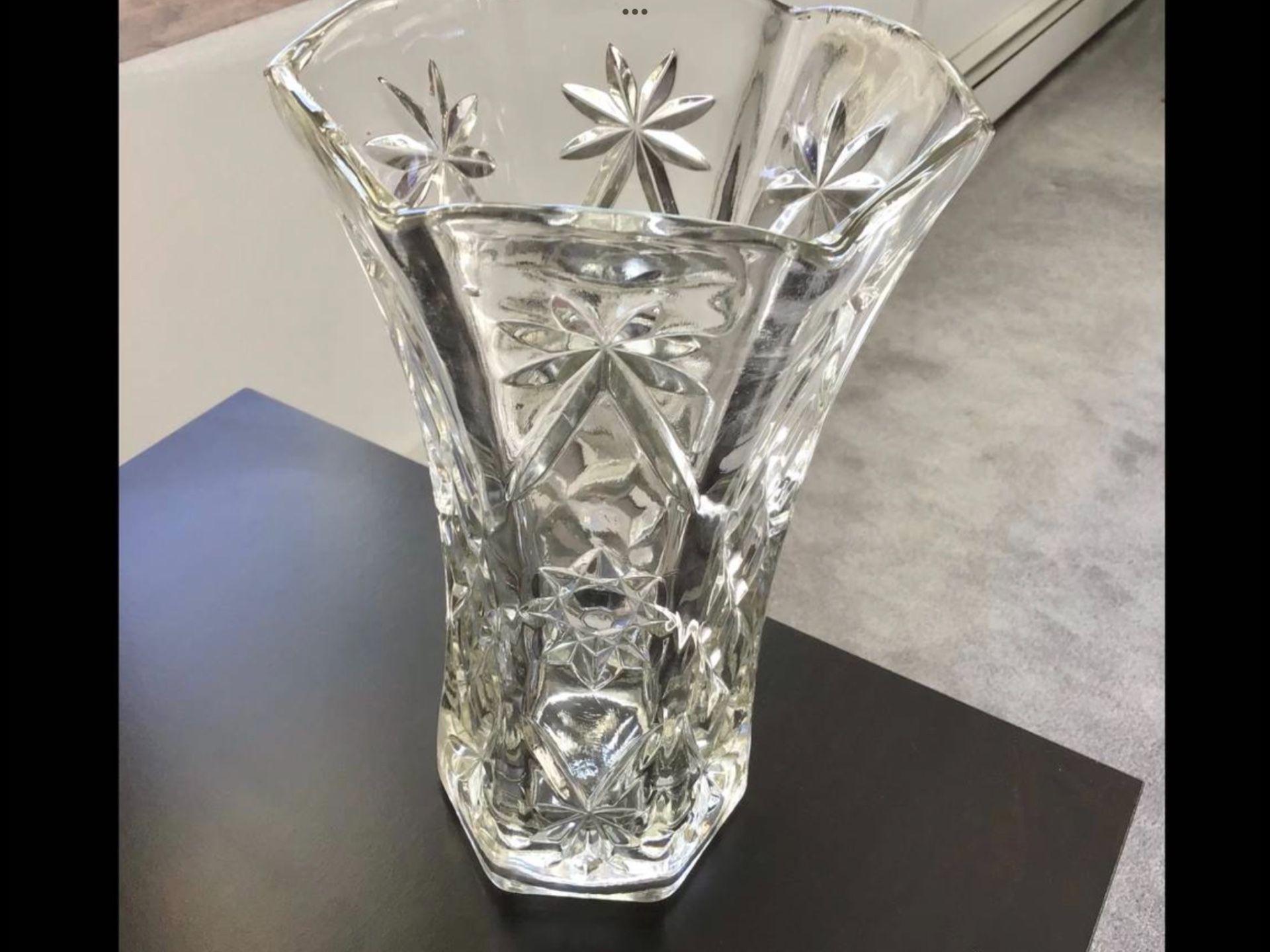 Vtg. Large Clear Glass Flower Vase 10.25” Tall Geometrical Shapes Flared Rim