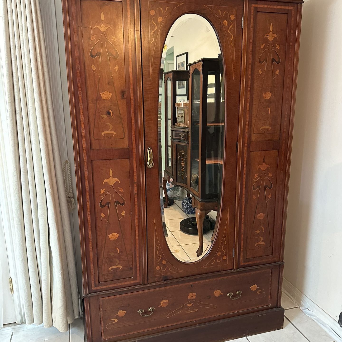 Beautiful Floral Wood Inlay Antique Wardrobe Armoire Closet