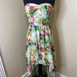 Guess Strapless Dress High Low Green Abstract Geometric Size 4