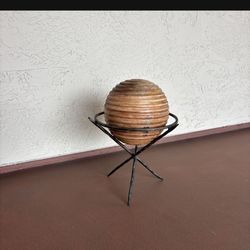 One Abstract Wood Orb Sculpture and Metal Stand