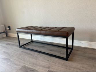 Industrial Tufted Faux Leather Bench – Brown & Black Metal Frame