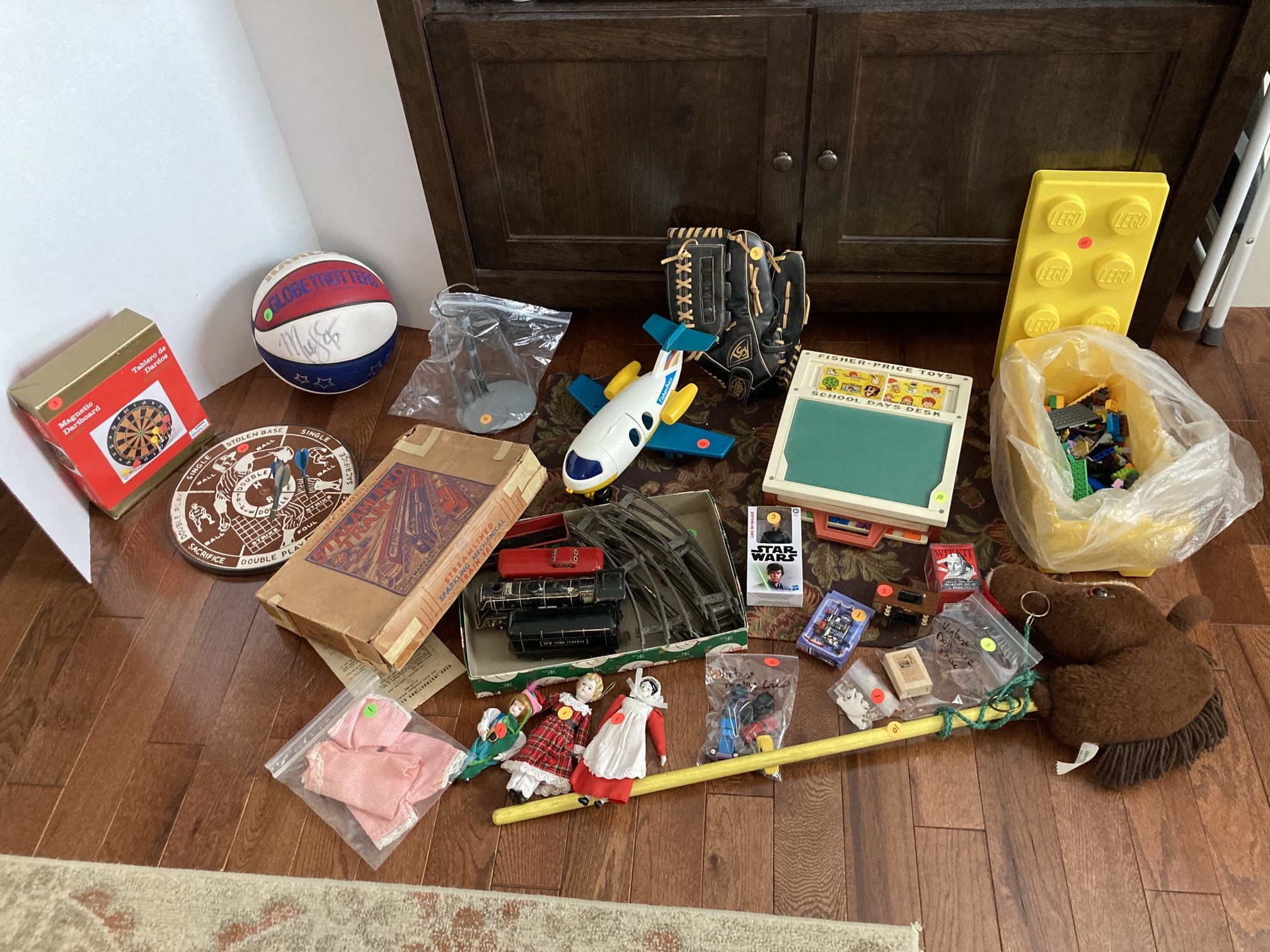 Various Vintage Toys - Fisher Price Plane School, Streamline Train, Harlem Globetrotters Autographed Basketball, LEGO Box, Hobby Horse, Dolls, Cars