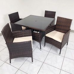 Brand New $250 (5pcs) Wicker Dining Set Outdoor Patio Furniture 35x35” Glass Table with Umbrella Cutout, 4 Chairs 