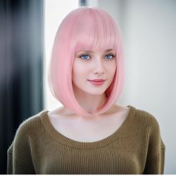Pink Bob Wig with Bangs 12 Inch Yaki Straight *BRAND NEW*