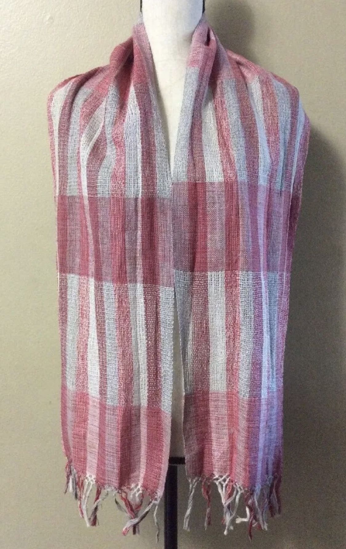 60" Long Red Gray Striped Plaid Thin Knit Scarf Wrap Shawl Fringe