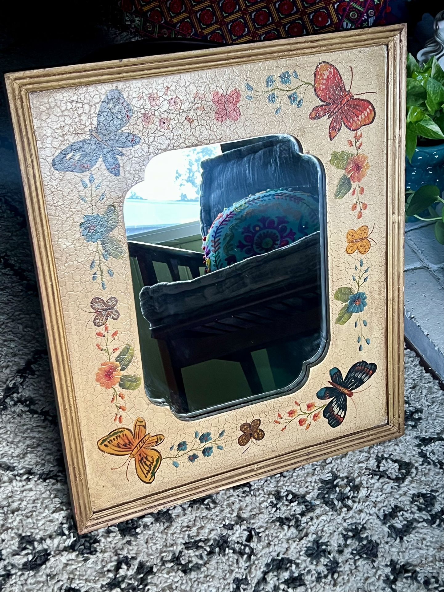 Vintage Wall Mirror Hand Painted With Butterfly And Flowers