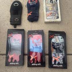 Baseball bat, glove, sliding mitt