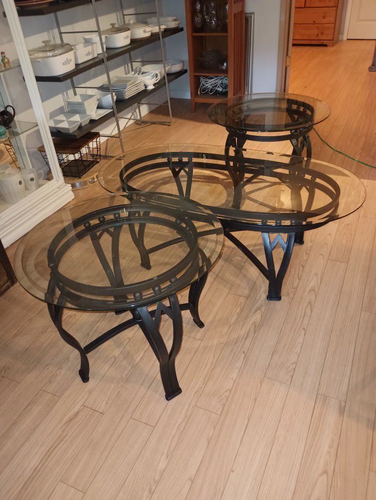 WROUGHT IRON COFFEE TABLE AND TWO END TABLES. Glass Top 
