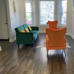 Green Couch and 2 Orange Accent Chairs