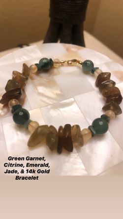 Green Garnet, Citrine, Emerald, Jade, & 14k Gold Bracelet