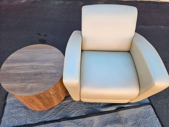 Modern Cream Leather Lounge Chair with Round Wood Side Table