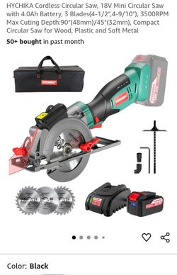 HYCHIKA Cordless Circular Saw, 18V Mini Circular Saw with 4.0Ah Battery, 3 Blades(4-1/2",4-9/10"), 3500RPM Max Cuting Depth:90°(48mm)/45°(32mm), Compa