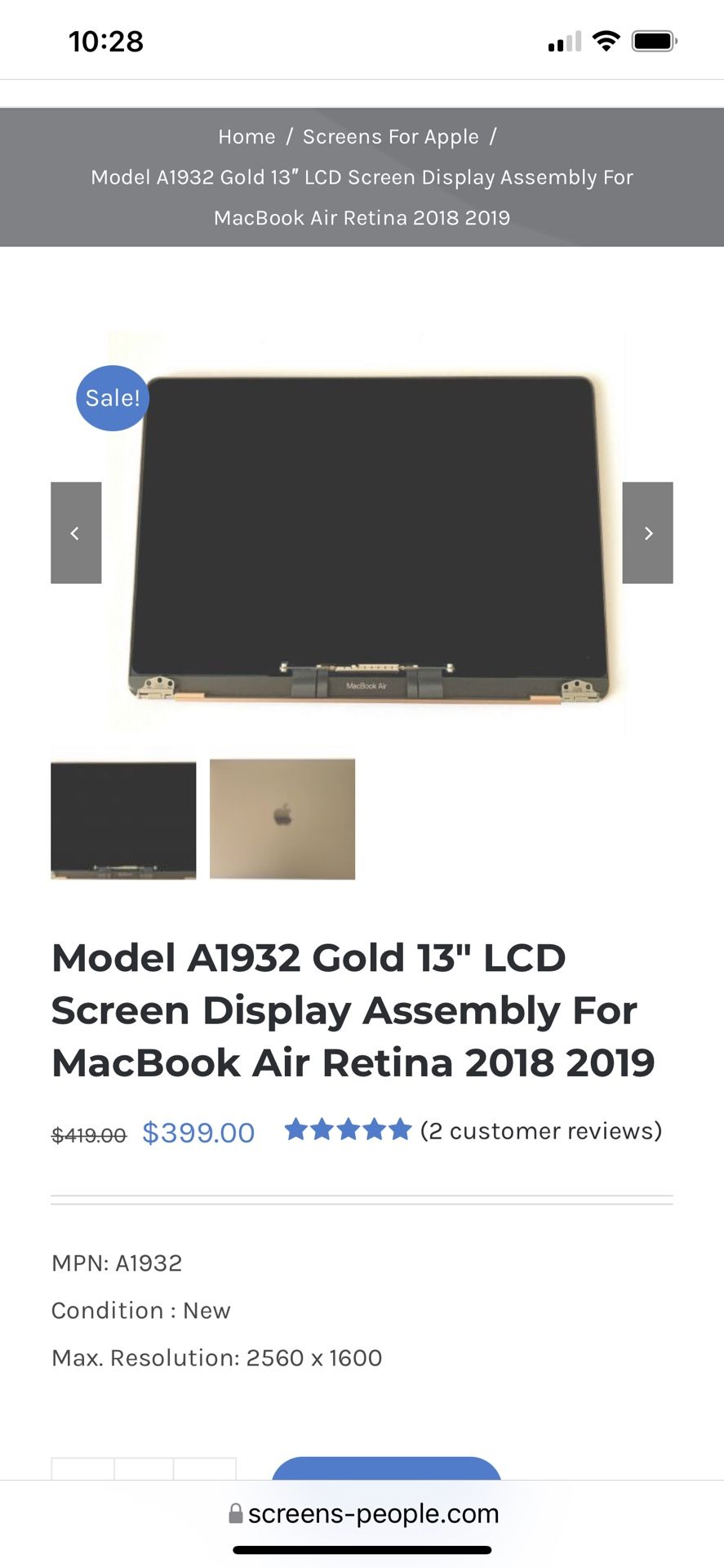 MacBook Air gold 13 inch replacement screen only