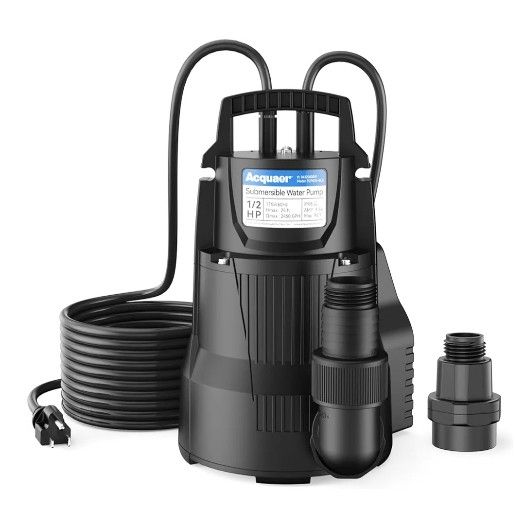 Acquaer 1/2 HP Automatic Sump Pump, 2450 GPH Submersible Water Pump with 3/4”Garden Hose Check Valve Adapter and 19ft Cord, Thermoplastic Utility Tran
