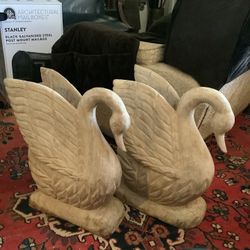 Large Vintage Neo Classical Pair Carved All Wood Swans Birds