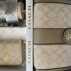 Coach Khaki Purse Set Crossbody + Wallet + Accessory Pouch 