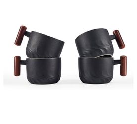 6oz Ceramic Espresso Cups with Wooden Handle, Small Coffee Cups for Latte Cappuccino, Tea Cups Set of 4