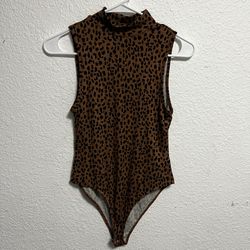 Forever 21 Mock Neck Cheetah Animal Print Bodysuit Sleeveless Top Brown M