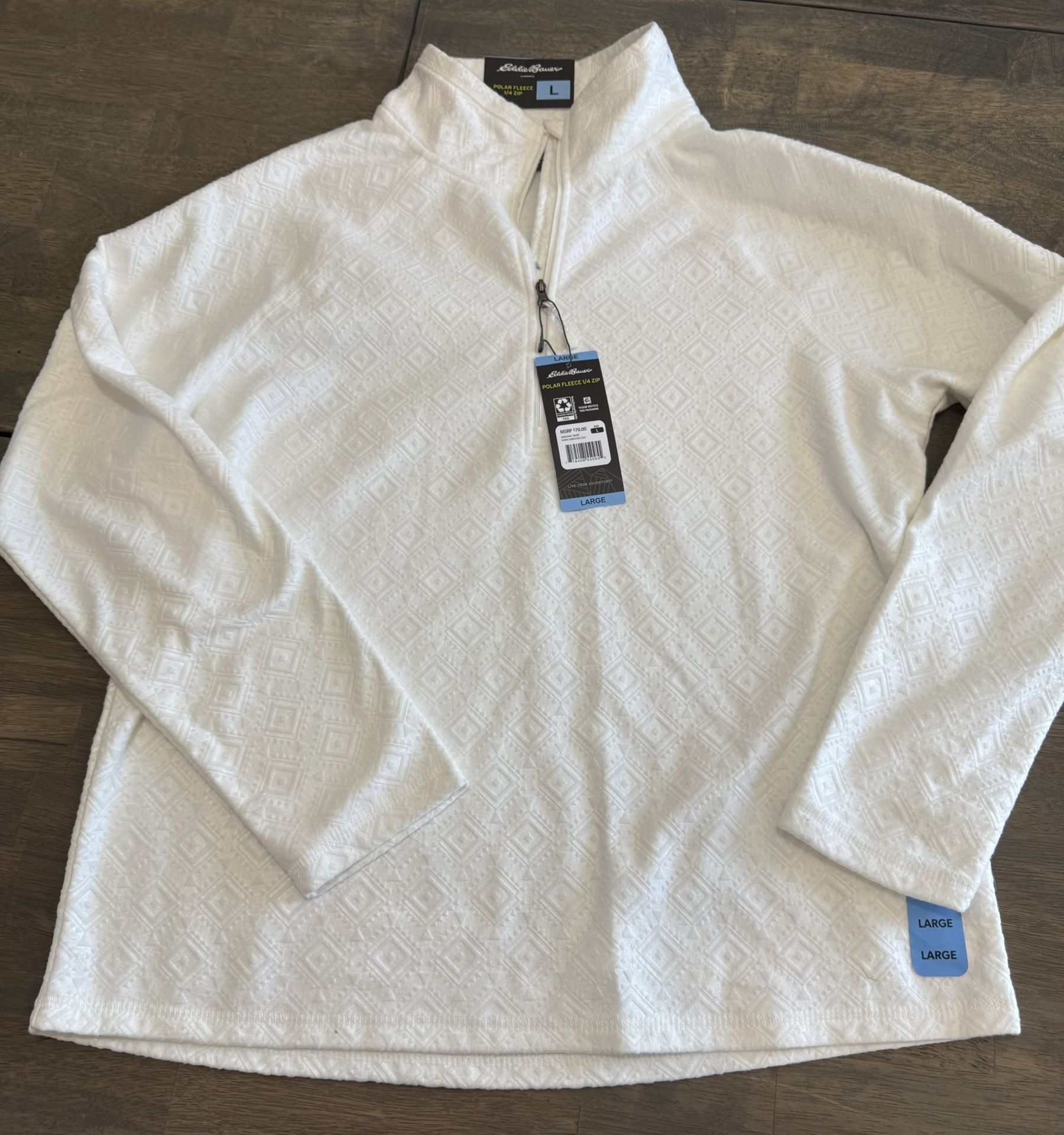 L New Eddie Bauer Pullover Womens Large White Long Sleeve Polar Fleece 1/4 Zip