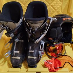 Ski set boots helmet goggles Rossingnol Spy
