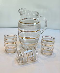 Vintage 1940s/50s MCM Frosted Glass Pitcher & 3-Piece Tumbler Set | 22 Kt. Gold Bands