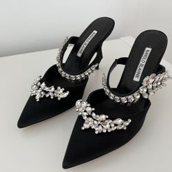 Black Satin Crystal Heel Mules 