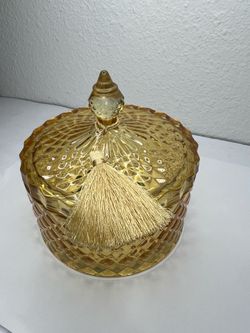 Amber Pressed Glass Dish Round Lidded Bowl with Tassel Finial