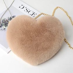 Beige Fashion Women's Heart Shaped Handbags Cute Kawaii Faux Fur Crossbody Bags Wallet Purse Plush Chain Shoulder Bag Lady Handbag