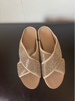 Copper key Melrose Rhinestone Cross Band Platform Wedge Slide Sandals Size 7.5