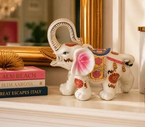 Vintage 13” Hand-Painted Ceramic Elephant Statue | Trunk Up Good Luck | Hollywood Regency Decor