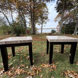 Solid Tan Marble And Solid Ebony/espresso Wood Side Tables /nightstands 