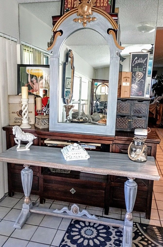 Elegantly Coastal Chic Console table -$280 And Vintage Mirror-Gorgeous coastal refinished Entryway Console table with elegant curves and mouldings
