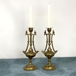 Pair Of 11”  Vintage Engraved Brass Moorish Candle Holders